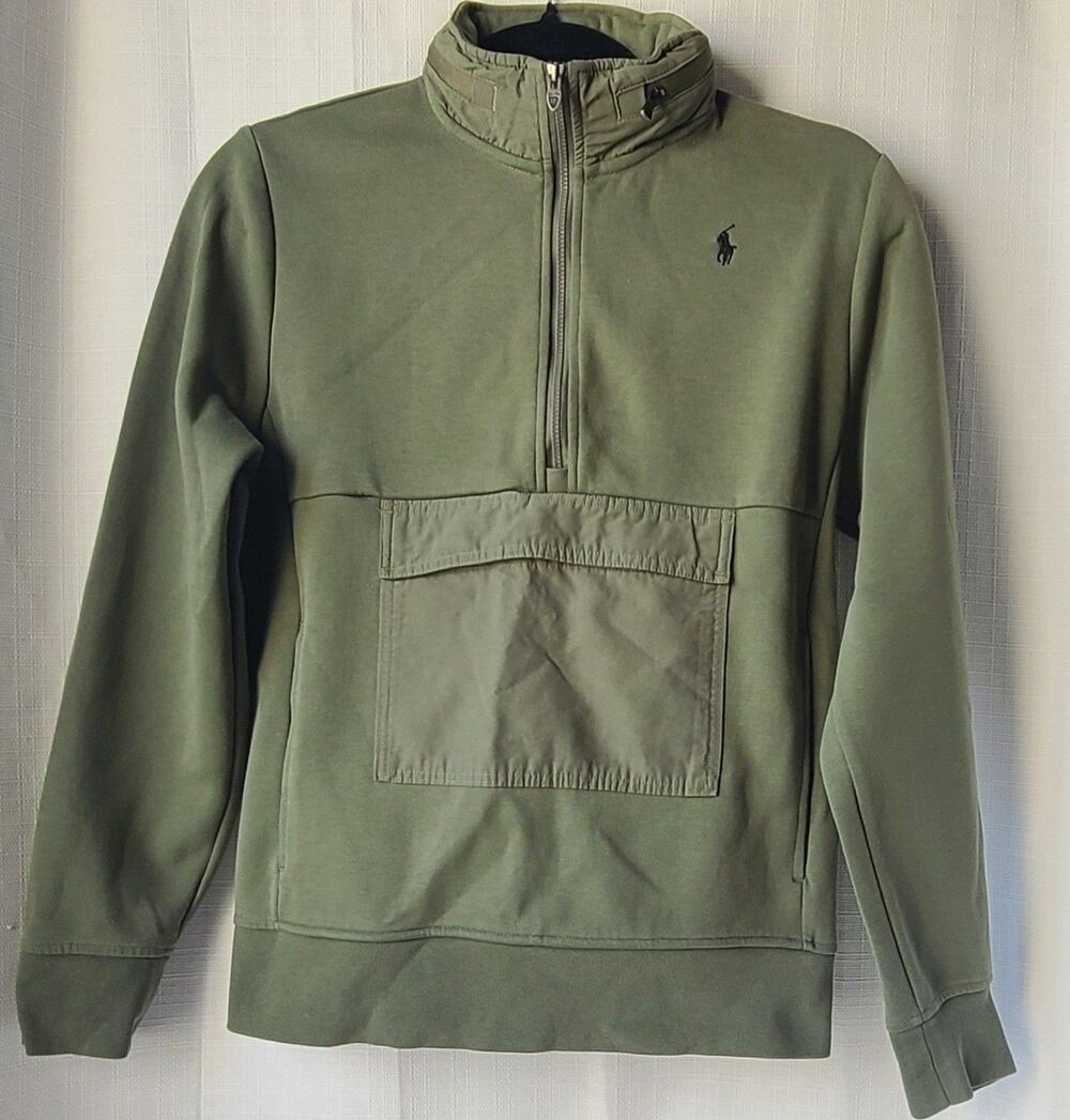 Polo Ralph Lauren Boys L 14-16 1/4 Zip Hoodie Pullover Green Packable Hood
